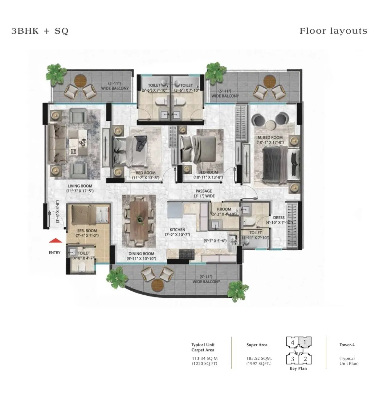 Pareena Coban Residencies 3 BHK Floor Plan